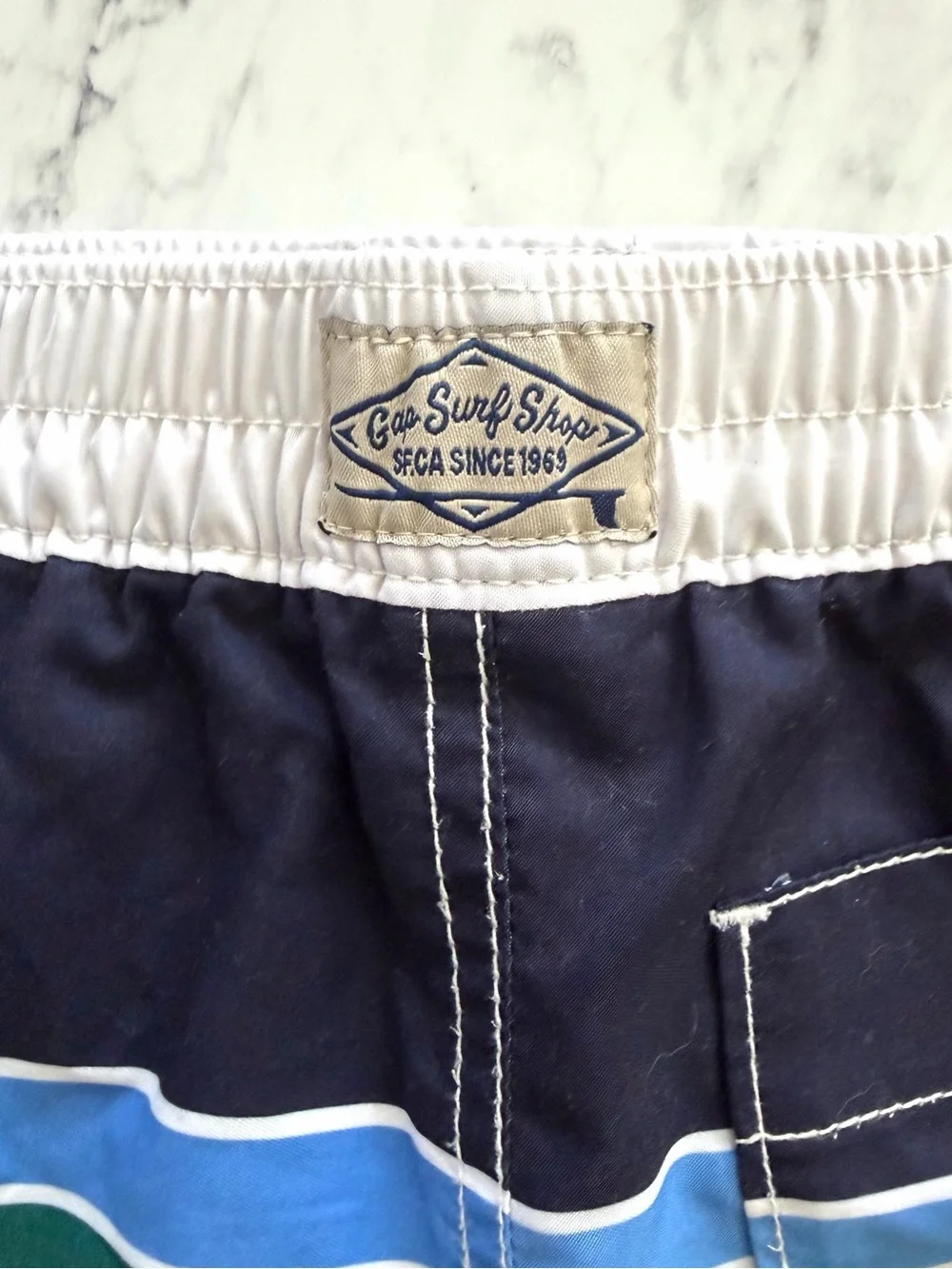 Baby Gap Boys Size 5T Retro Boardshort Swim Trunks, Navy w/ Rainbow Stripes